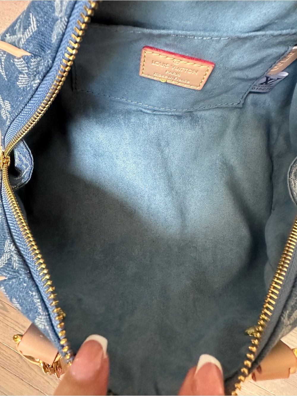 Lux inspired Nano Speedy bag is blue monogram denim. - Picture 2 of 16